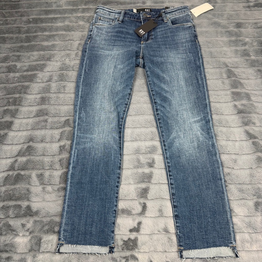 KUT from the Kloth Reese Ankle Straight Leg Jeans Raw Hem Blue Size 2